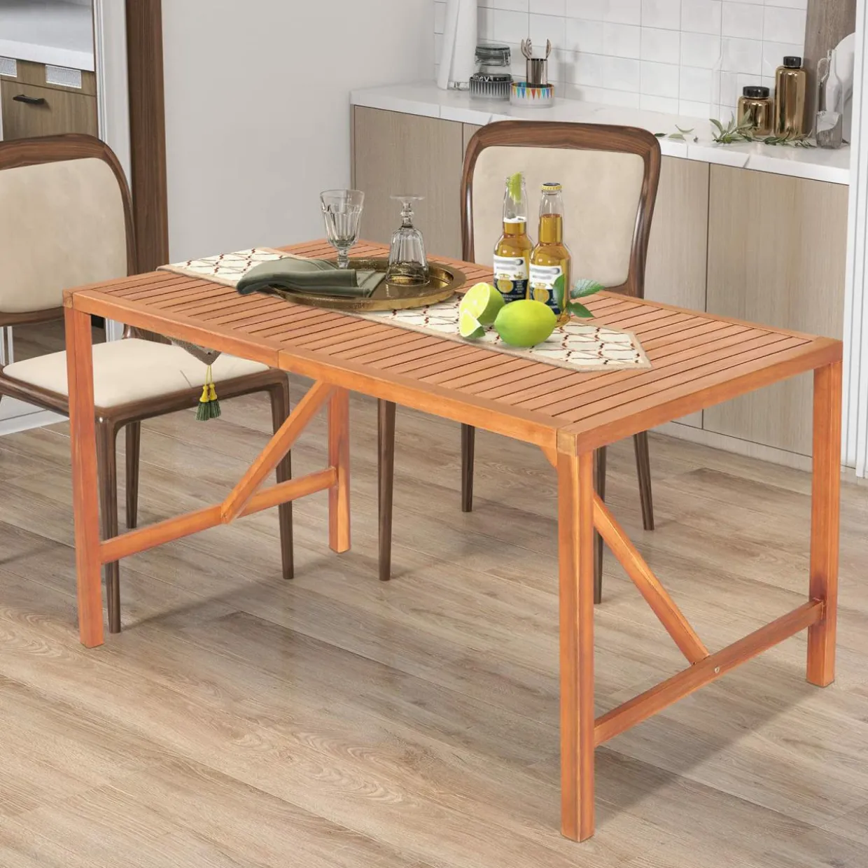 Tangkula Outdoor Rectangle Dining Table, Acacia Wood Table with 2 Inch Umbrella Hole, Spacious Slatted Tabletop for 6 Person