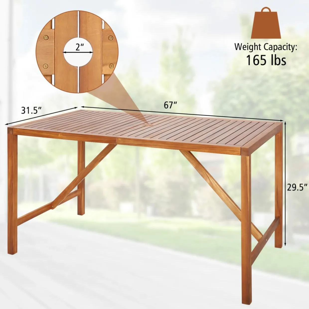 Tangkula Outdoor Rectangle Dining Table, Acacia Wood Table with 2 Inch Umbrella Hole, Spacious Slatted Tabletop for 6 Person