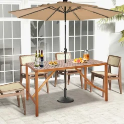Tangkula Outdoor Rectangle Dining Table, Acacia Wood Table with 2 Inch Umbrella Hole, Spacious Slatted Tabletop for 6 Person