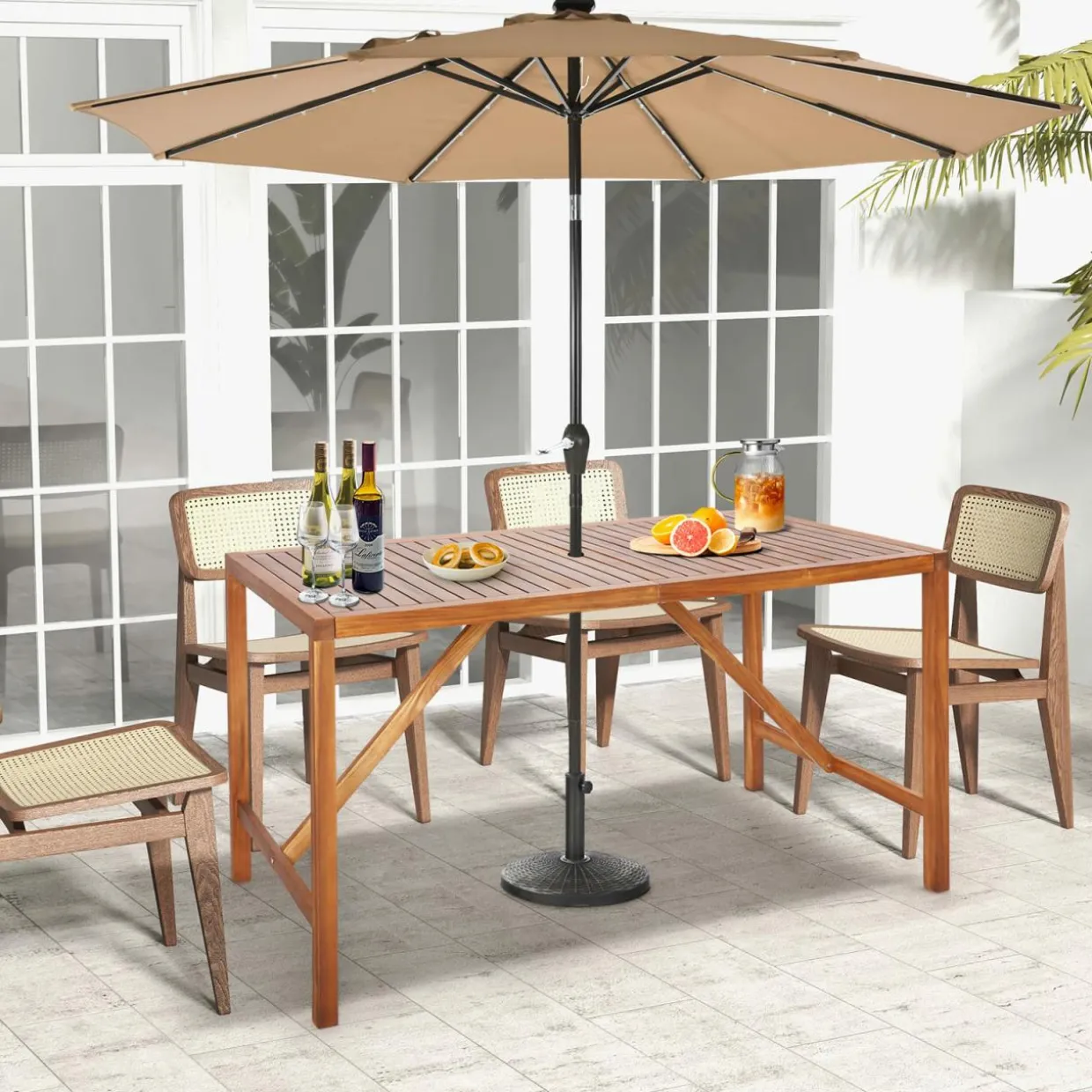 Tangkula Outdoor Rectangle Dining Table, Acacia Wood Table with 2 Inch Umbrella Hole, Spacious Slatted Tabletop for 6 Person