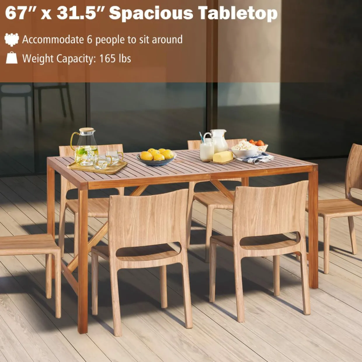 Tangkula Outdoor Rectangle Dining Table, Acacia Wood Table with 2 Inch Umbrella Hole, Spacious Slatted Tabletop for 6 Person