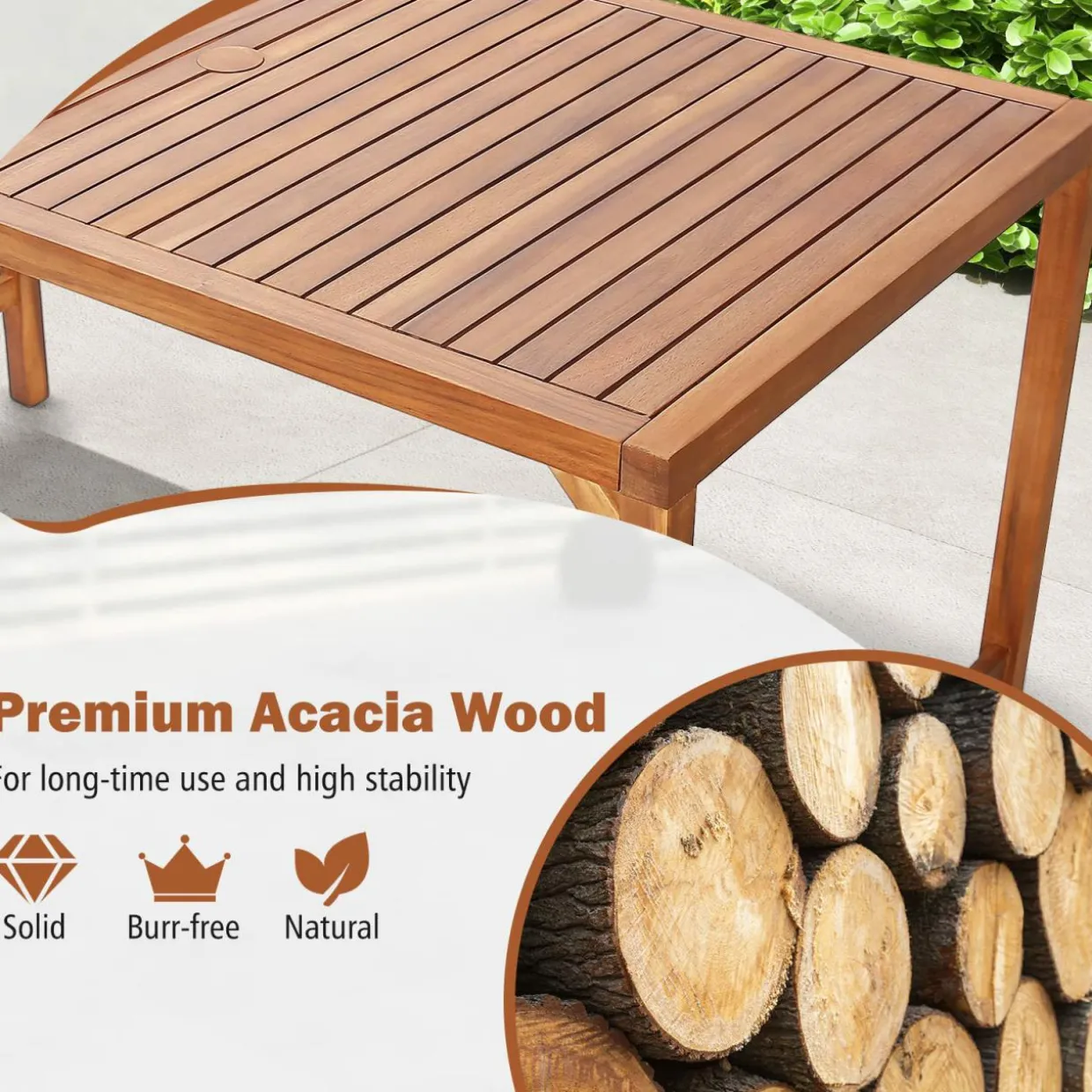 Tangkula Outdoor Rectangle Dining Table, Acacia Wood Table with 2 Inch Umbrella Hole, Spacious Slatted Tabletop for 6 Person