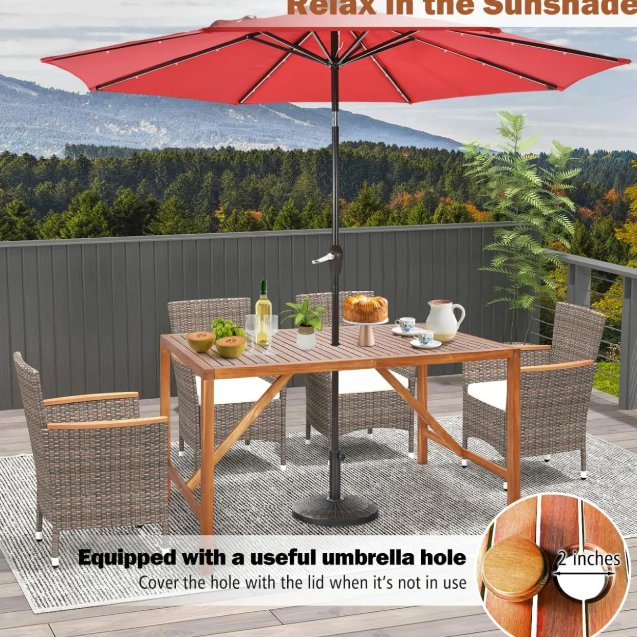 Tangkula Outdoor Rectangle Dining Table, Acacia Wood Table with 2 Inch Umbrella Hole, Spacious Slatted Tabletop for 6 Person
