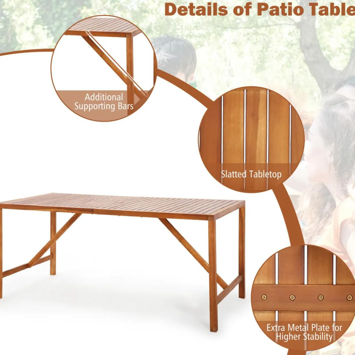 Tangkula Outdoor Rectangle Dining Table, Acacia Wood Table with 2 Inch Umbrella Hole, Spacious Slatted Tabletop for 6 Person