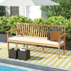 Tangkula Outdoor 3-Seat Wood Bench, 64 Inches Extra Long Acacia Chair w/Seat Cushion