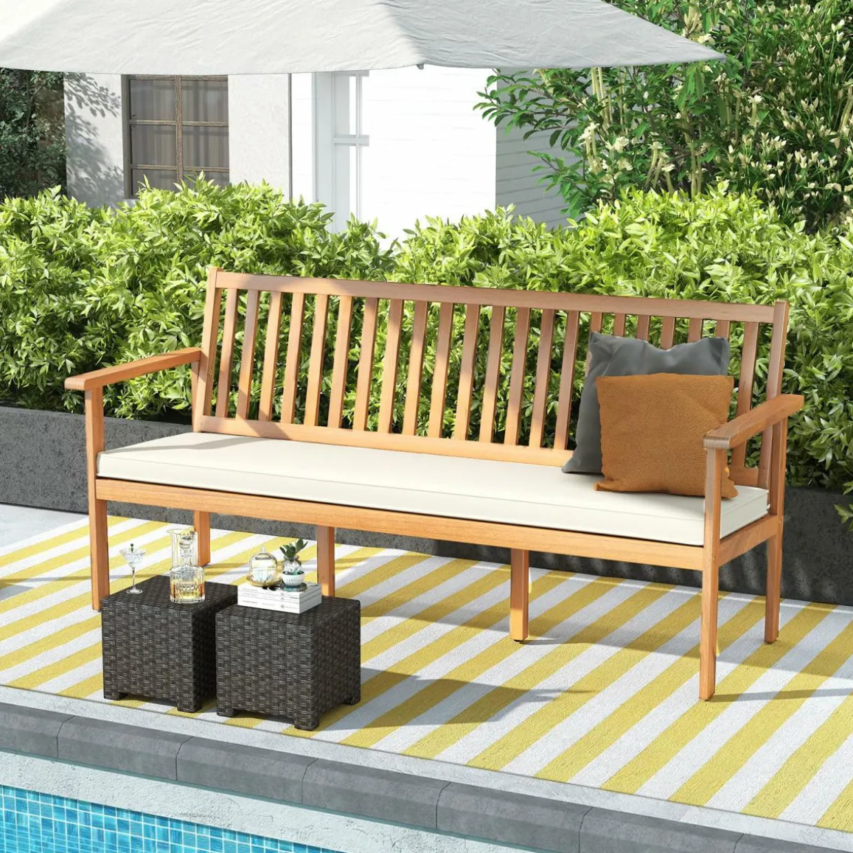 Tangkula Outdoor 3-Seat Wood Bench, 64 Inches Extra Long Acacia Chair w/Seat Cushion