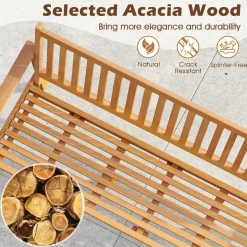 Tangkula Outdoor 3-Seat Wood Bench, 64 Inches Extra Long Acacia Chair w/Seat Cushion