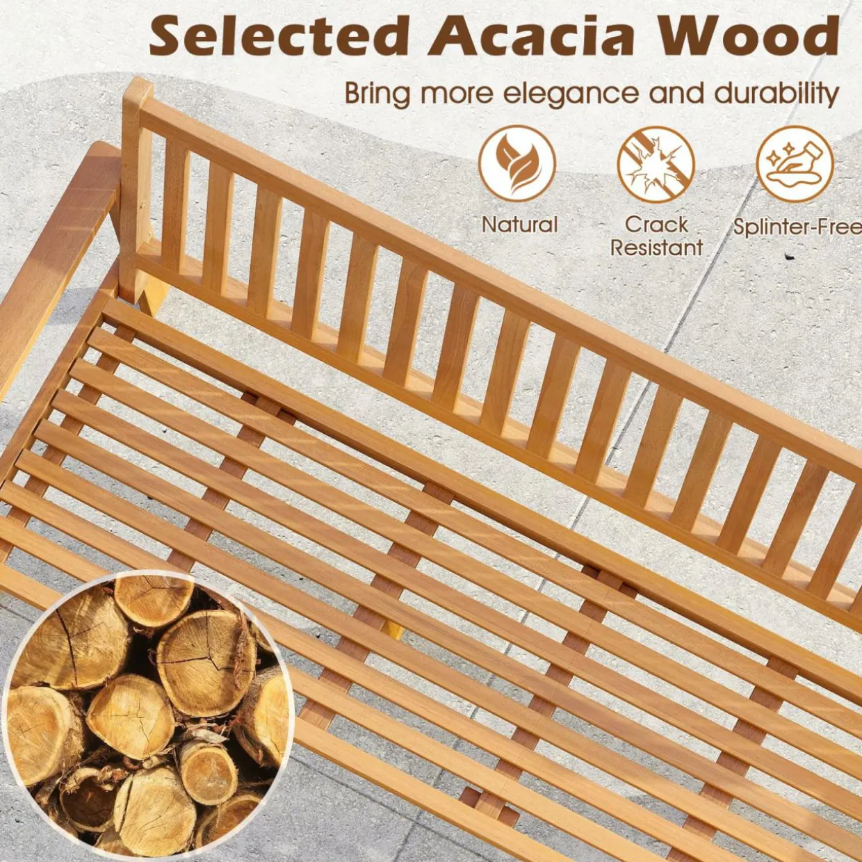 Tangkula Outdoor 3-Seat Wood Bench, 64 Inches Extra Long Acacia Chair w/Seat Cushion