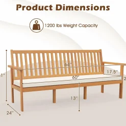Tangkula Outdoor 3-Seat Wood Bench, 64 Inches Extra Long Acacia Chair w/Seat Cushion