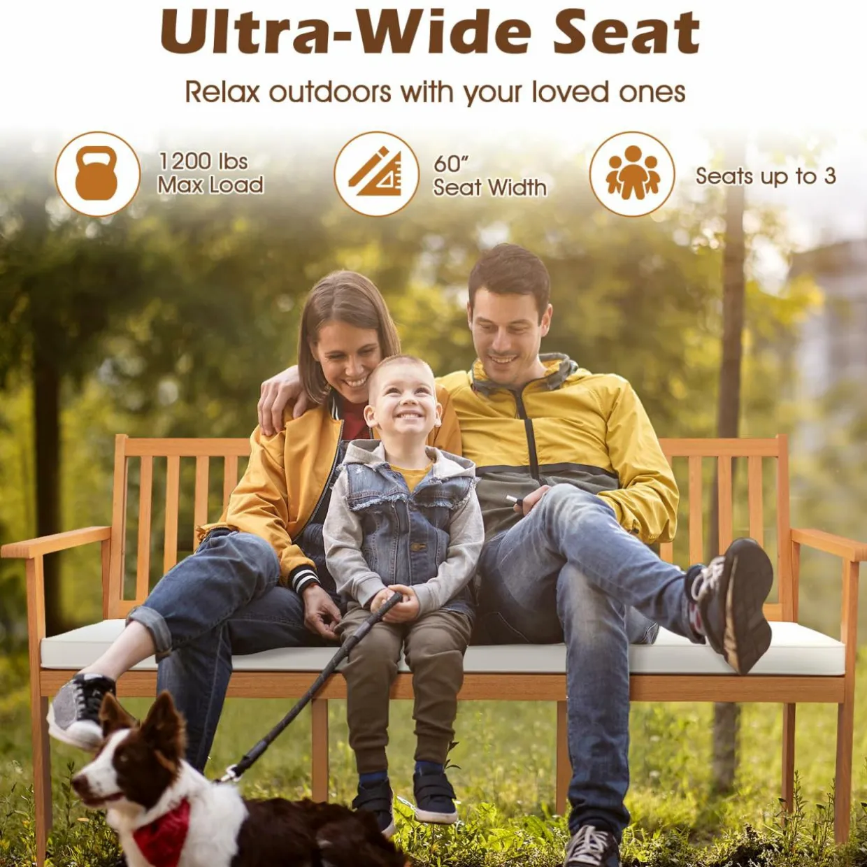 Tangkula Outdoor 3-Seat Wood Bench, 64 Inches Extra Long Acacia Chair w/Seat Cushion