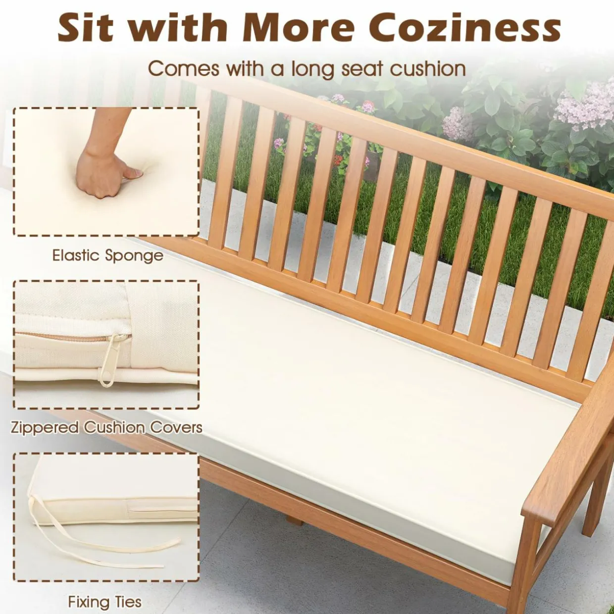 Tangkula Outdoor 3-Seat Wood Bench, 64 Inches Extra Long Acacia Chair w/Seat Cushion