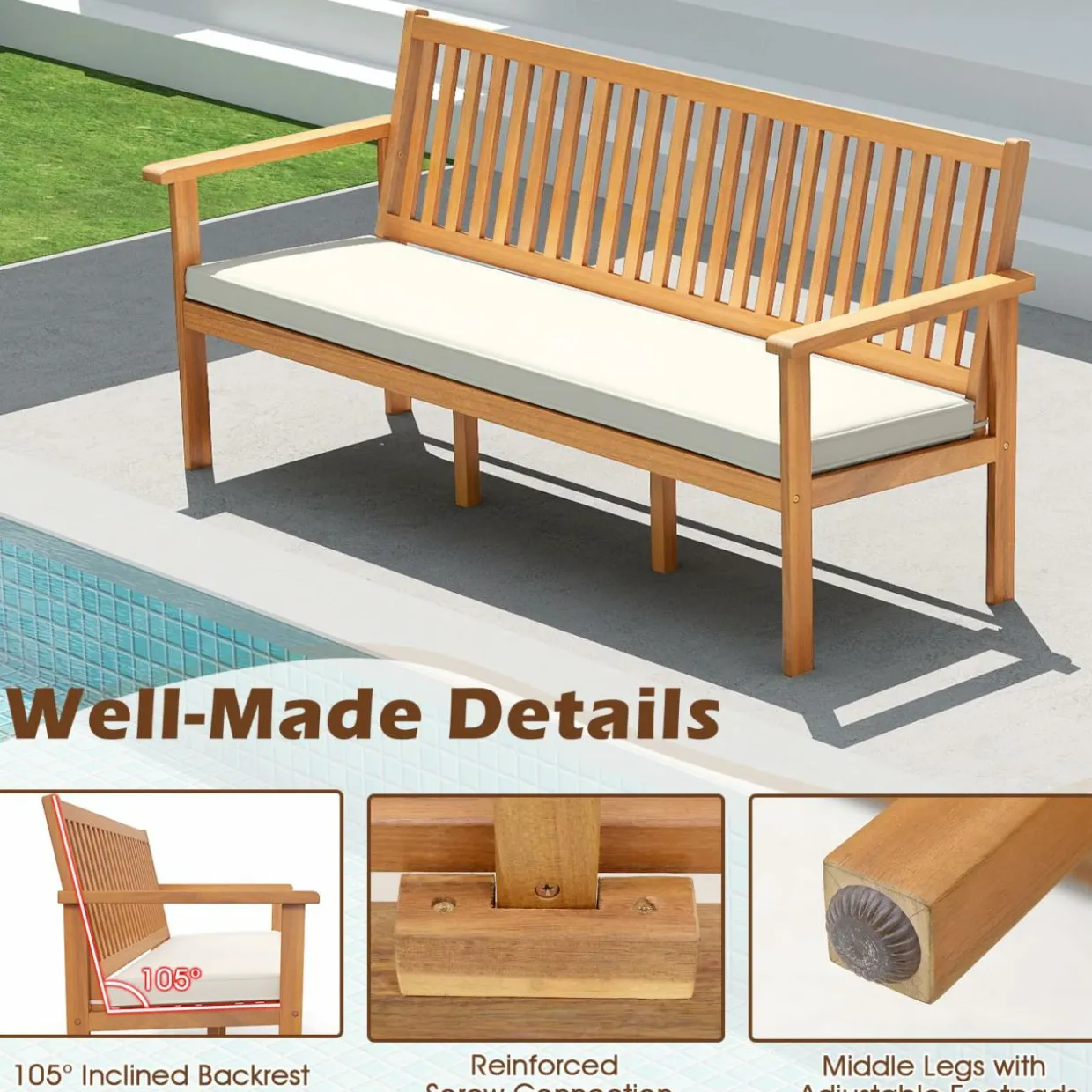 Tangkula Outdoor 3-Seat Wood Bench, 64 Inches Extra Long Acacia Chair w/Seat Cushion