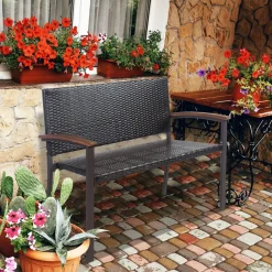 Tangkula Outdoor Stackable Bench, All-Weather PE Wicker Loveseat with Acacia Wood Armrests