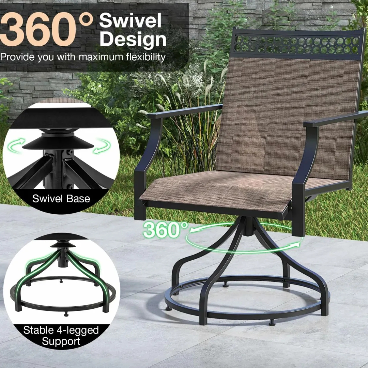 Tangkula Outdoor Swivel Dining Chairs Set of 2/4, Patio Chairs with Quick-Drying Fabric and Metal Frame
