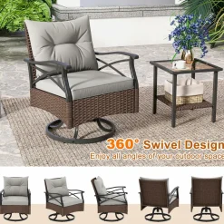 Tangkula Outdoor Swivel Rocking Chairs Set, 360 Degree Rocker Chairs with 2-Tier Tempered Glass Side Table