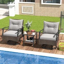 Tangkula Outdoor Swivel Rocking Chairs Set, 360 Degree Rocker Chairs with 2-Tier Tempered Glass Side Table