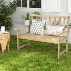 Tangkula Outdoor Teak Wood Garden Bench, 2-Person Patio Bench with Backrest and Armrests