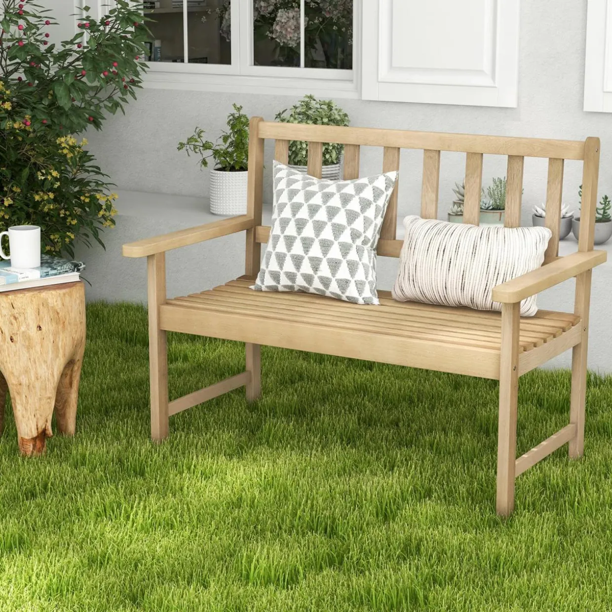 Tangkula Outdoor Teak Wood Garden Bench, 2-Person Patio Bench with Backrest and Armrests