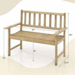 Tangkula Outdoor Teak Wood Garden Bench, 2-Person Patio Bench with Backrest and Armrests