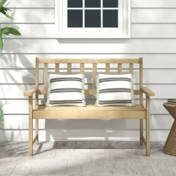 Tangkula Outdoor Teak Wood Garden Bench, 2-Person Patio Bench with Backrest and Armrests