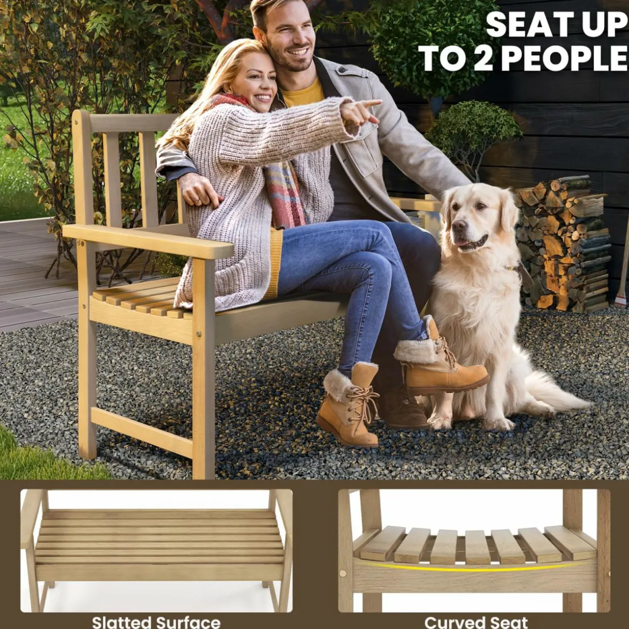 Tangkula Outdoor Teak Wood Garden Bench, 2-Person Patio Bench with Backrest and Armrests