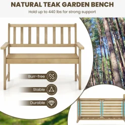 Tangkula Outdoor Teak Wood Garden Bench, 2-Person Patio Bench with Backrest and Armrests