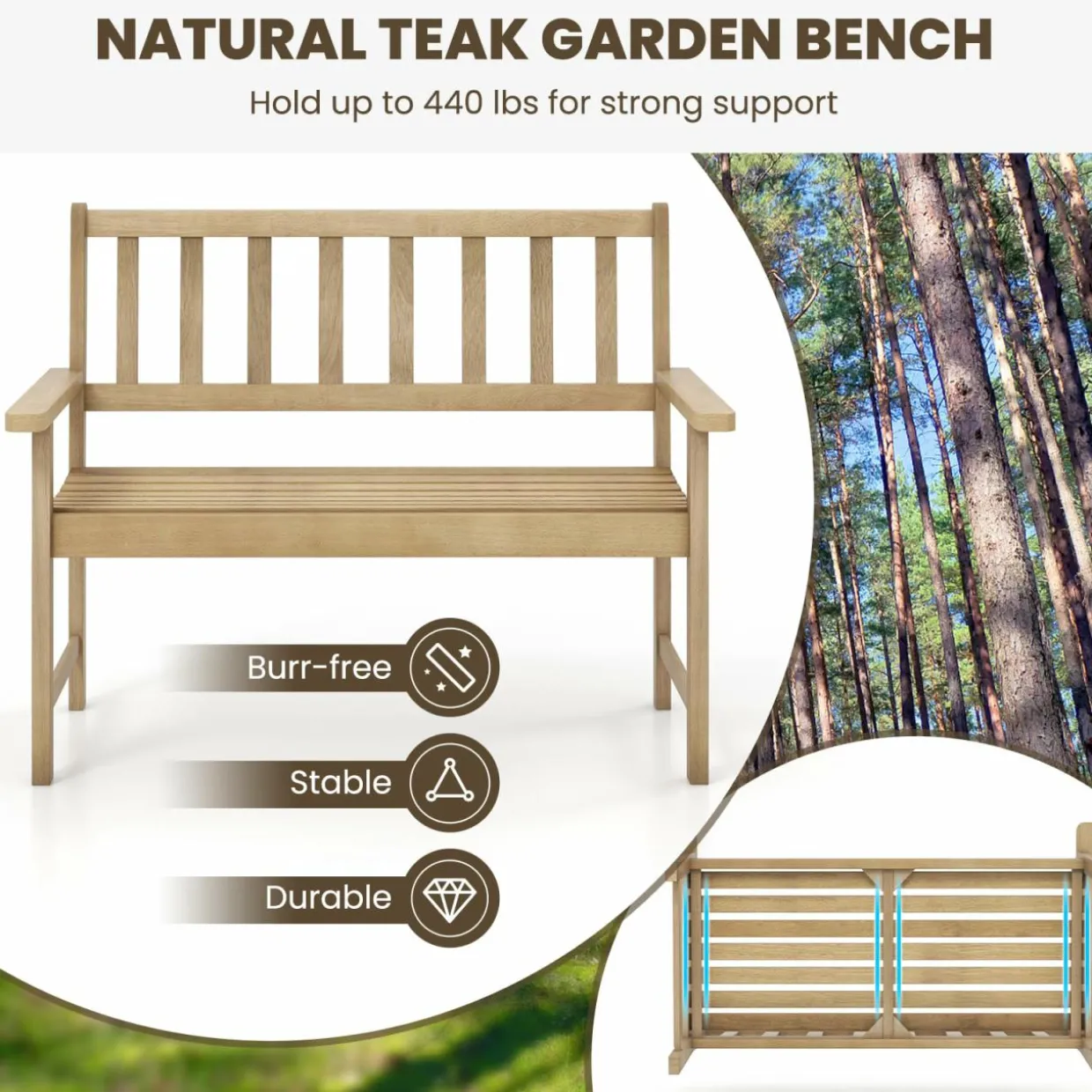 Tangkula Outdoor Teak Wood Garden Bench, 2-Person Patio Bench with Backrest and Armrests