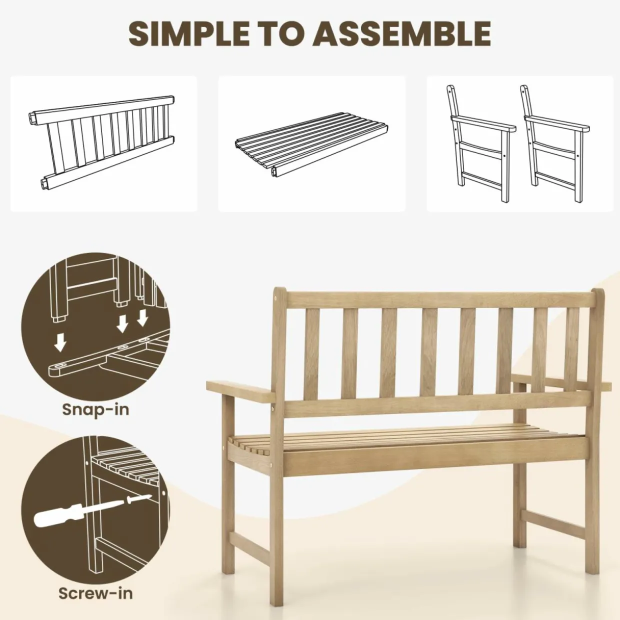 Tangkula Outdoor Teak Wood Garden Bench, 2-Person Patio Bench with Backrest and Armrests