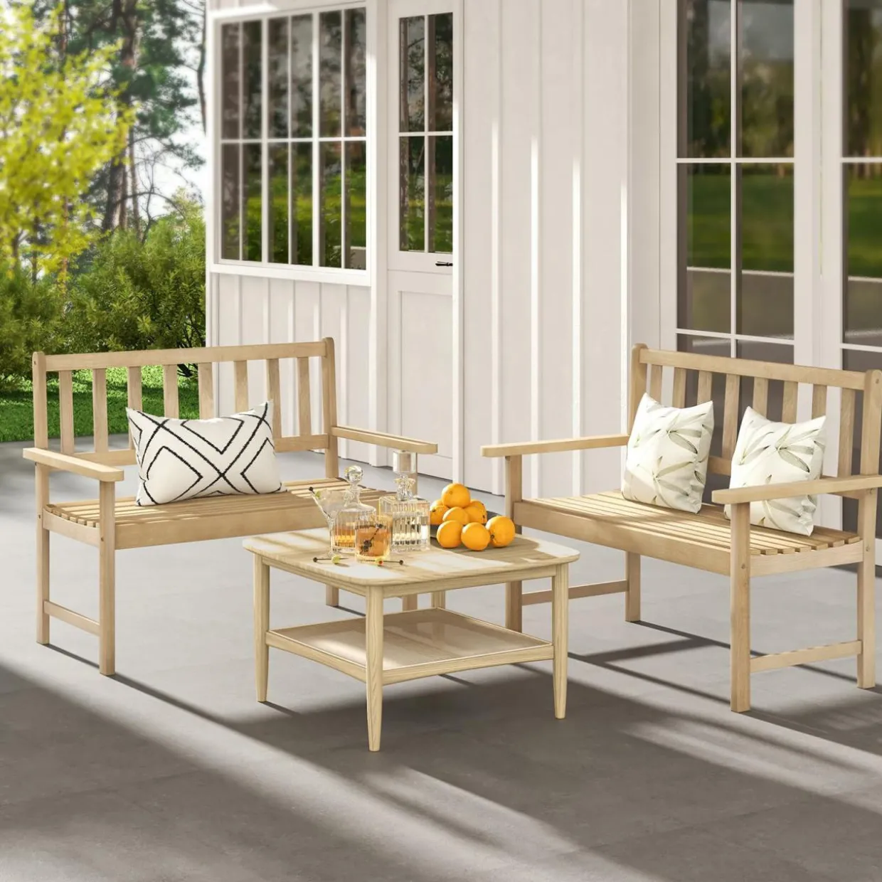 Tangkula Outdoor Teak Wood Garden Bench, 2-Person Patio Bench with Backrest and Armrests