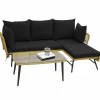 Tangkula Outdoor Wicker Furniture Set, 3-Piece L-Shaped Patio Sofa with Cushions & Tempered Glass Table