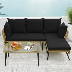 Tangkula Outdoor Wicker Furniture Set, 3-Piece L-Shaped Patio Sofa with Cushions & Tempered Glass Table