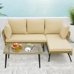 Tangkula Outdoor Wicker Furniture Set, 3-Piece L-Shaped Patio Sofa with Cushions & Tempered Glass Table