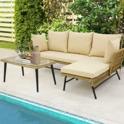 Tangkula Outdoor Wicker Furniture Set, 3-Piece L-Shaped Patio Sofa with Cushions & Tempered Glass Table