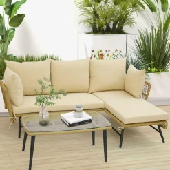 Tangkula Outdoor Wicker Furniture Set, 3-Piece L-Shaped Patio Sofa with Cushions & Tempered Glass Table