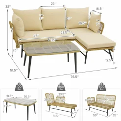 Tangkula Outdoor Wicker Furniture Set, 3-Piece L-Shaped Patio Sofa with Cushions & Tempered Glass Table