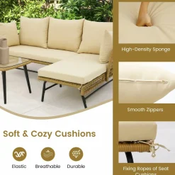 Tangkula Outdoor Wicker Furniture Set, 3-Piece L-Shaped Patio Sofa with Cushions & Tempered Glass Table