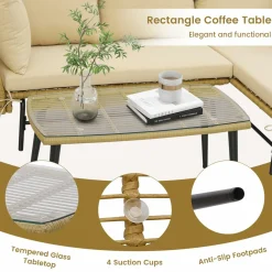 Tangkula Outdoor Wicker Furniture Set, 3-Piece L-Shaped Patio Sofa with Cushions & Tempered Glass Table