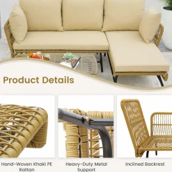 Tangkula Outdoor Wicker Furniture Set, 3-Piece L-Shaped Patio Sofa with Cushions & Tempered Glass Table