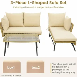 Tangkula Outdoor Wicker Furniture Set, 3-Piece L-Shaped Patio Sofa with Cushions & Tempered Glass Table