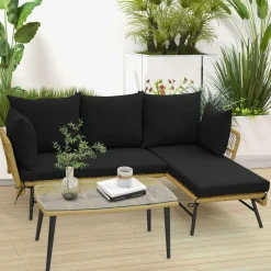 Tangkula Outdoor Wicker Furniture Set, 3-Piece L-Shaped Patio Sofa with Cushions & Tempered Glass Table