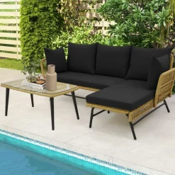 Tangkula Outdoor Wicker Furniture Set, 3-Piece L-Shaped Patio Sofa with Cushions & Tempered Glass Table