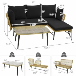 Tangkula Outdoor Wicker Furniture Set, 3-Piece L-Shaped Patio Sofa with Cushions & Tempered Glass Table
