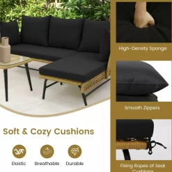 Tangkula Outdoor Wicker Furniture Set, 3-Piece L-Shaped Patio Sofa with Cushions & Tempered Glass Table