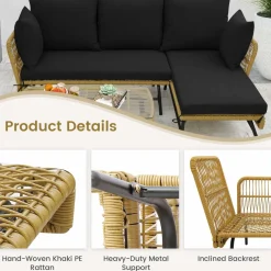 Tangkula Outdoor Wicker Furniture Set, 3-Piece L-Shaped Patio Sofa with Cushions & Tempered Glass Table