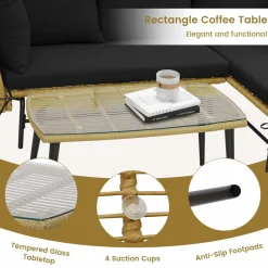 Tangkula Outdoor Wicker Furniture Set, 3-Piece L-Shaped Patio Sofa with Cushions & Tempered Glass Table