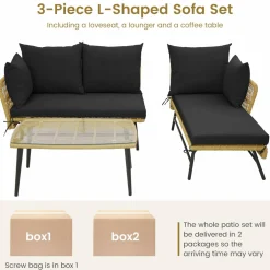 Tangkula Outdoor Wicker Furniture Set, 3-Piece L-Shaped Patio Sofa with Cushions & Tempered Glass Table