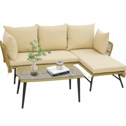 Tangkula Outdoor Wicker Furniture Set, 3-Piece L-Shaped Patio Sofa with Cushions & Tempered Glass Table