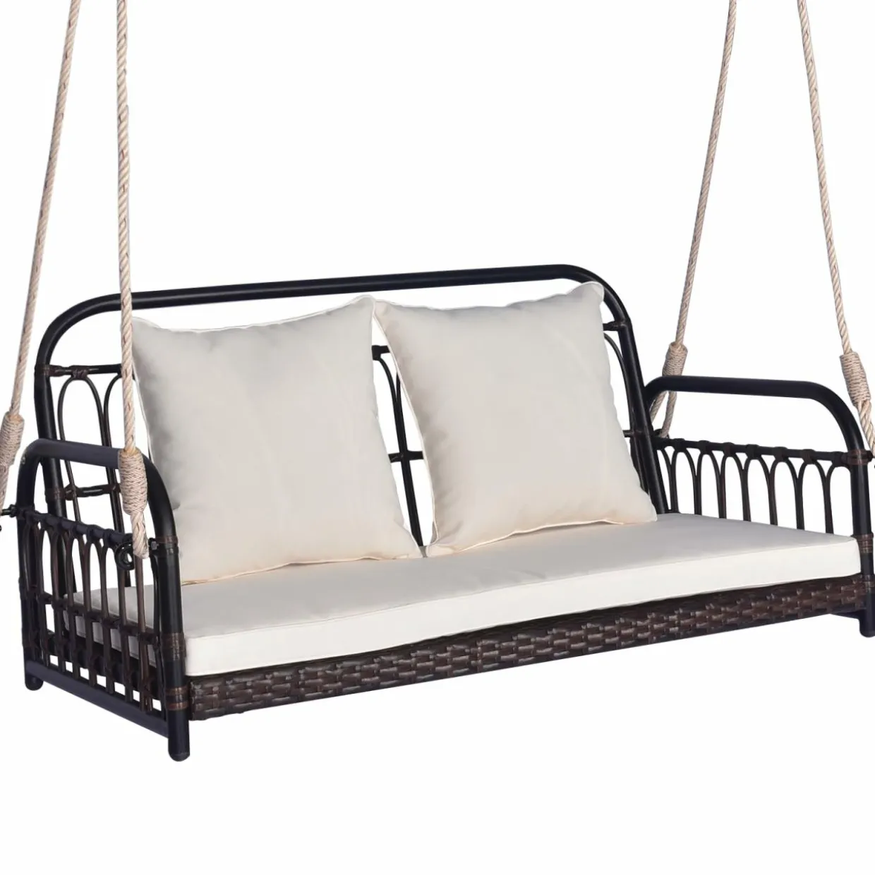 Tangkula Outdoor Wicker Porch Swing, 2-Person Hanging Seat with Seat & Back Cushions
