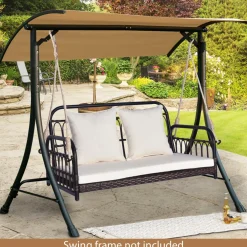 Tangkula Outdoor Wicker Porch Swing, 2-Person Hanging Seat with Seat & Back Cushions