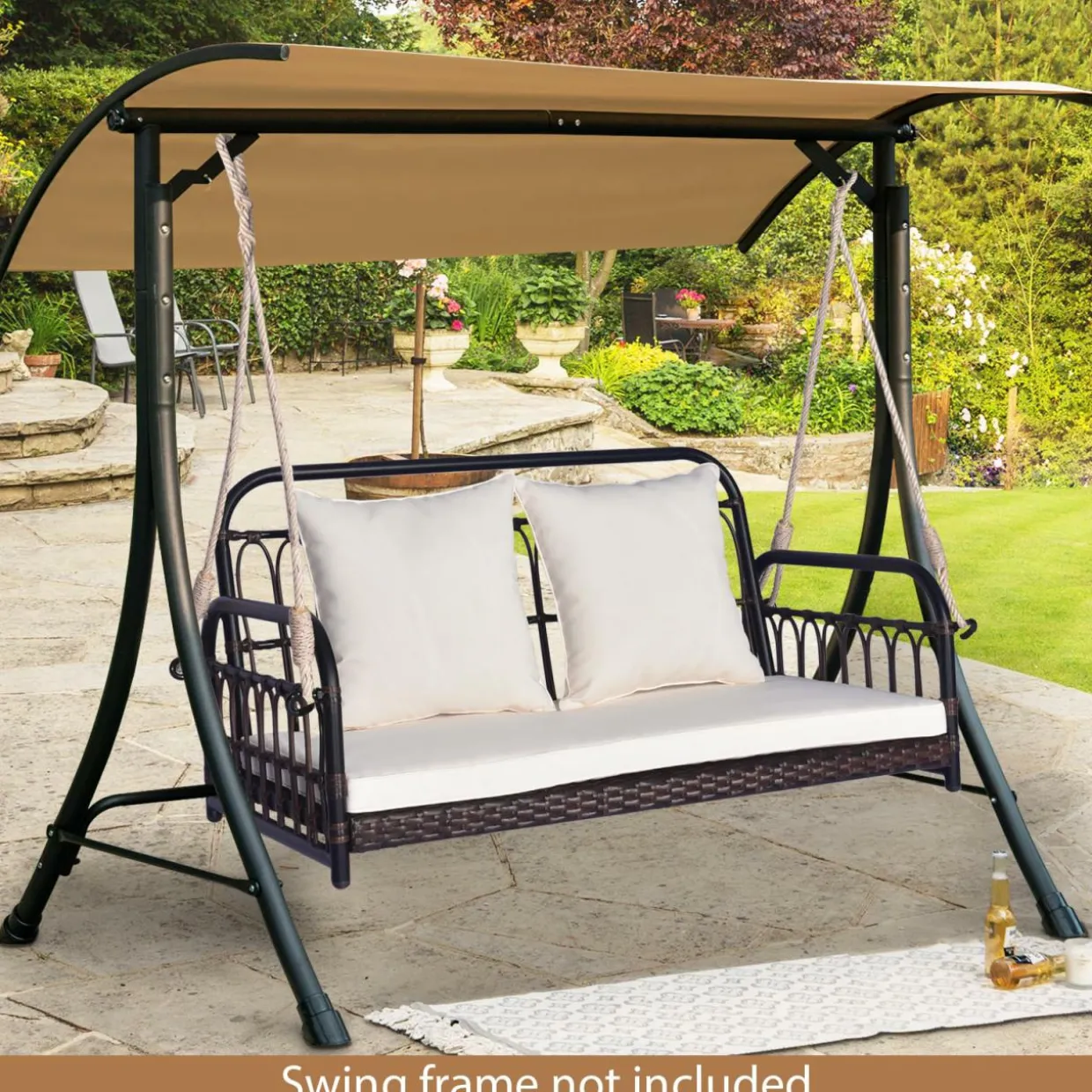 Tangkula Outdoor Wicker Porch Swing, 2-Person Hanging Seat with Seat & Back Cushions